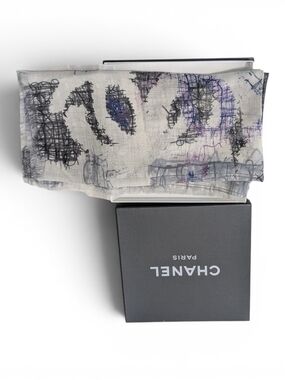 CHANEL Scarf White Black Purple Graffiti CC Logo Cashmere Silk Scarf Shawl NIB